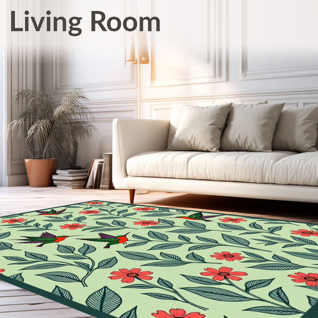 Whimsical Orange Flower Hummingbird Garden Rug