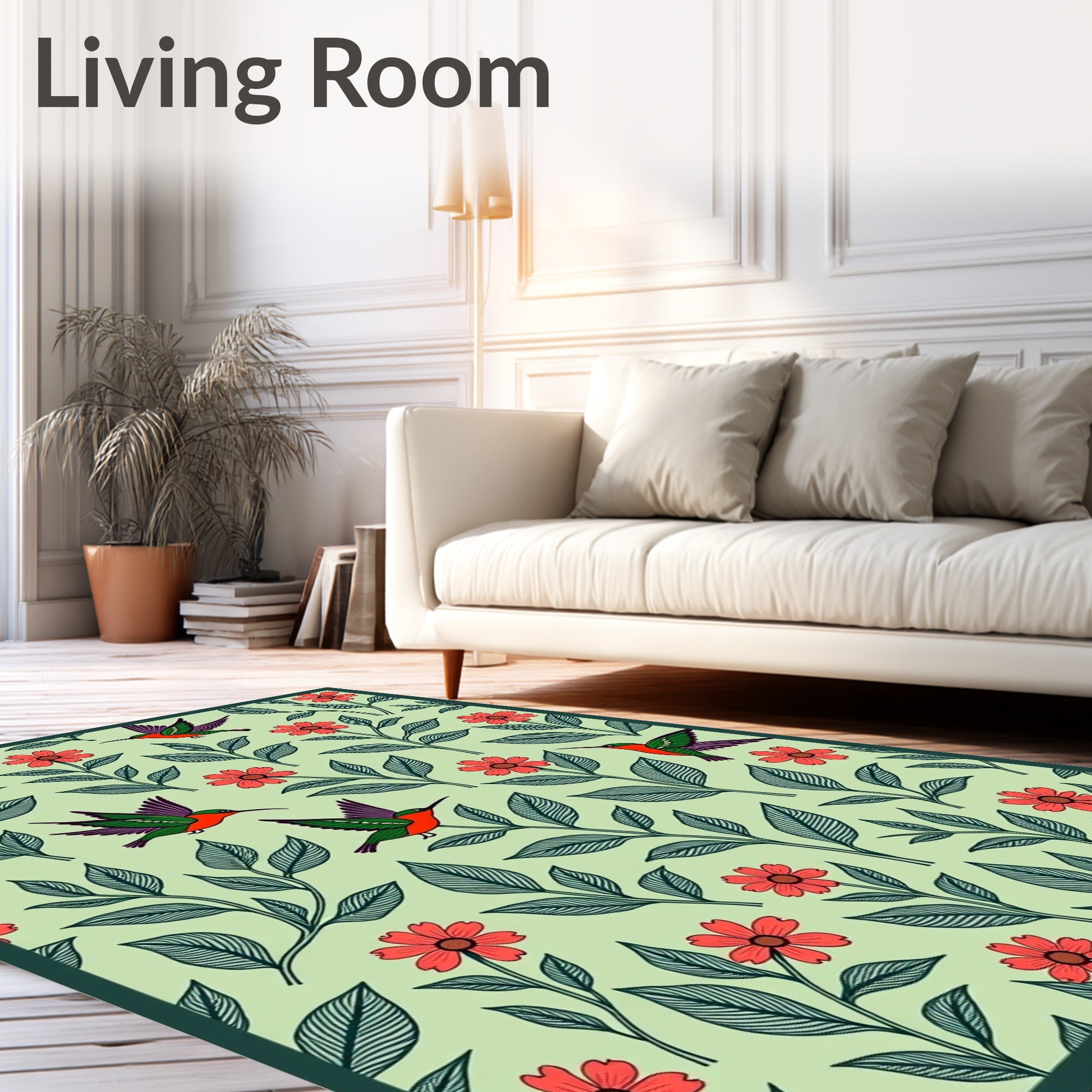 Whimsical Orange Flower Hummingbird Garden Rug
