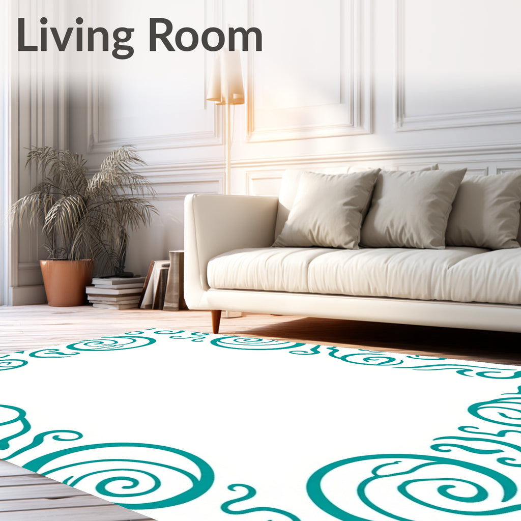 Teal Swirl Scroll Border Design Rug