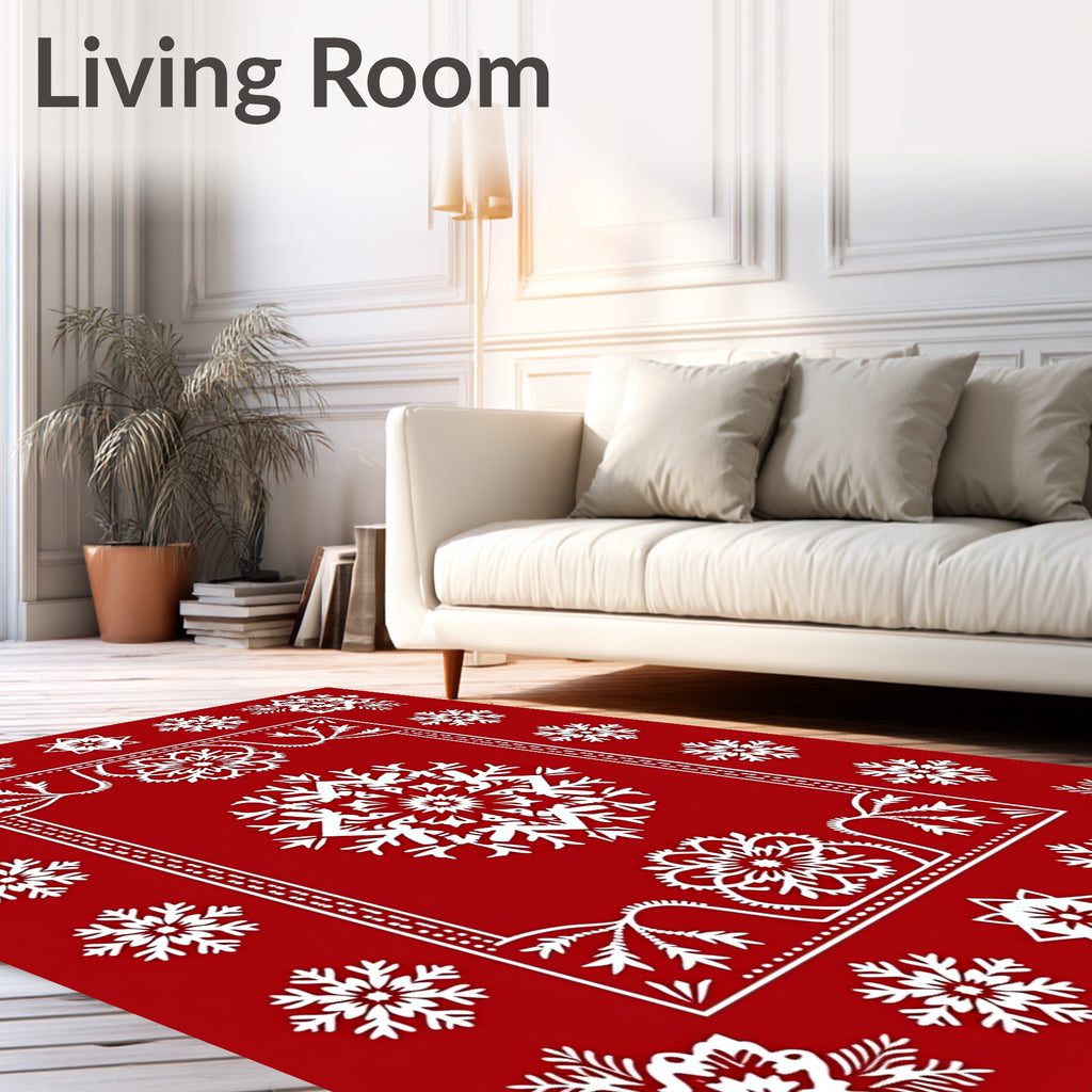 White Snowflake Red Border Rug
