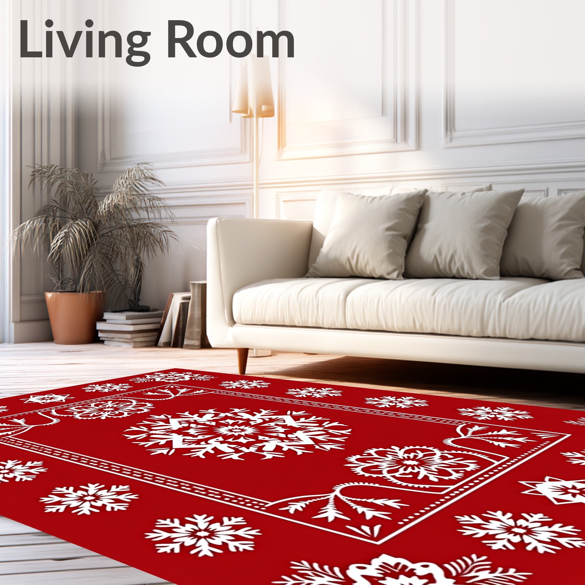 White Snowflake Red Border Rug
