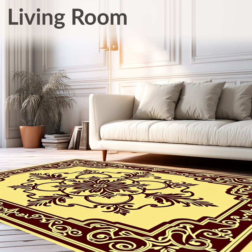 Ornate Burgundy Floral Medallion Yellow Rug