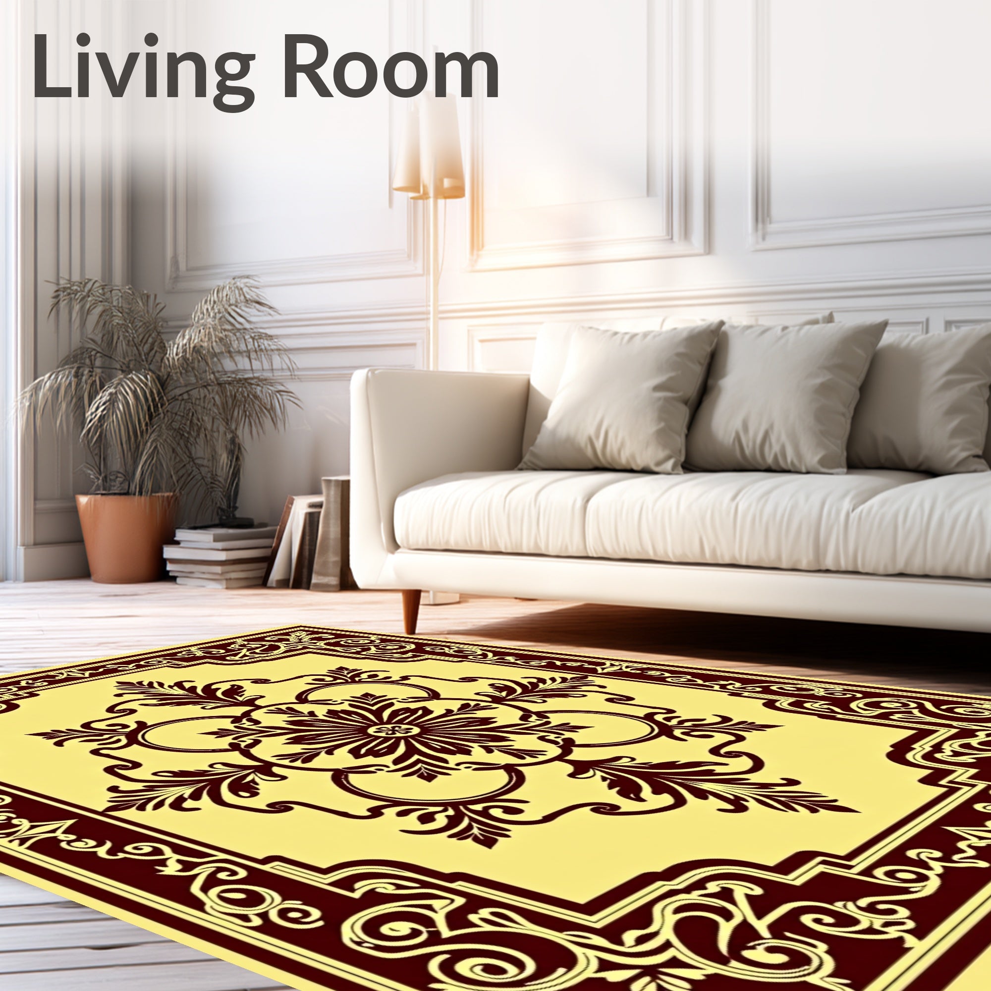 Ornate Burgundy Floral Medallion Yellow Rug