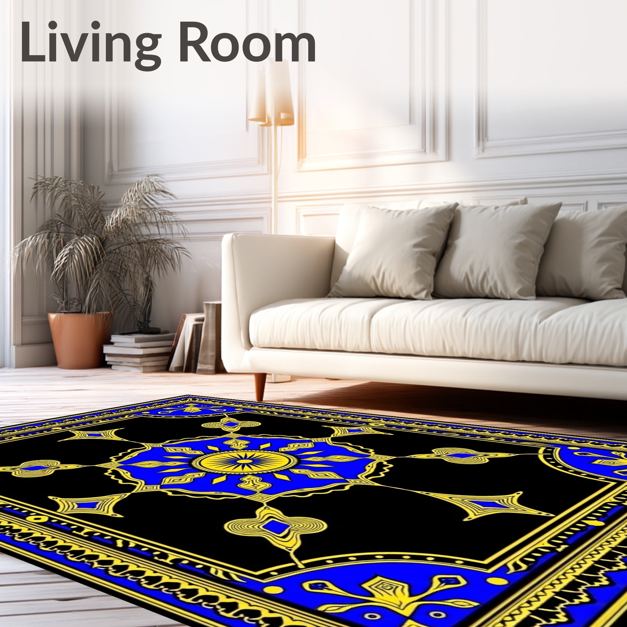 Royal Blue Yellow Sunburst Medallion Rug