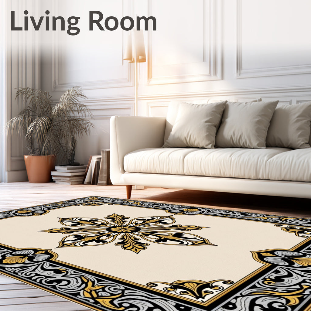 Ornate Gold Black Floral Border Tapestry Rug