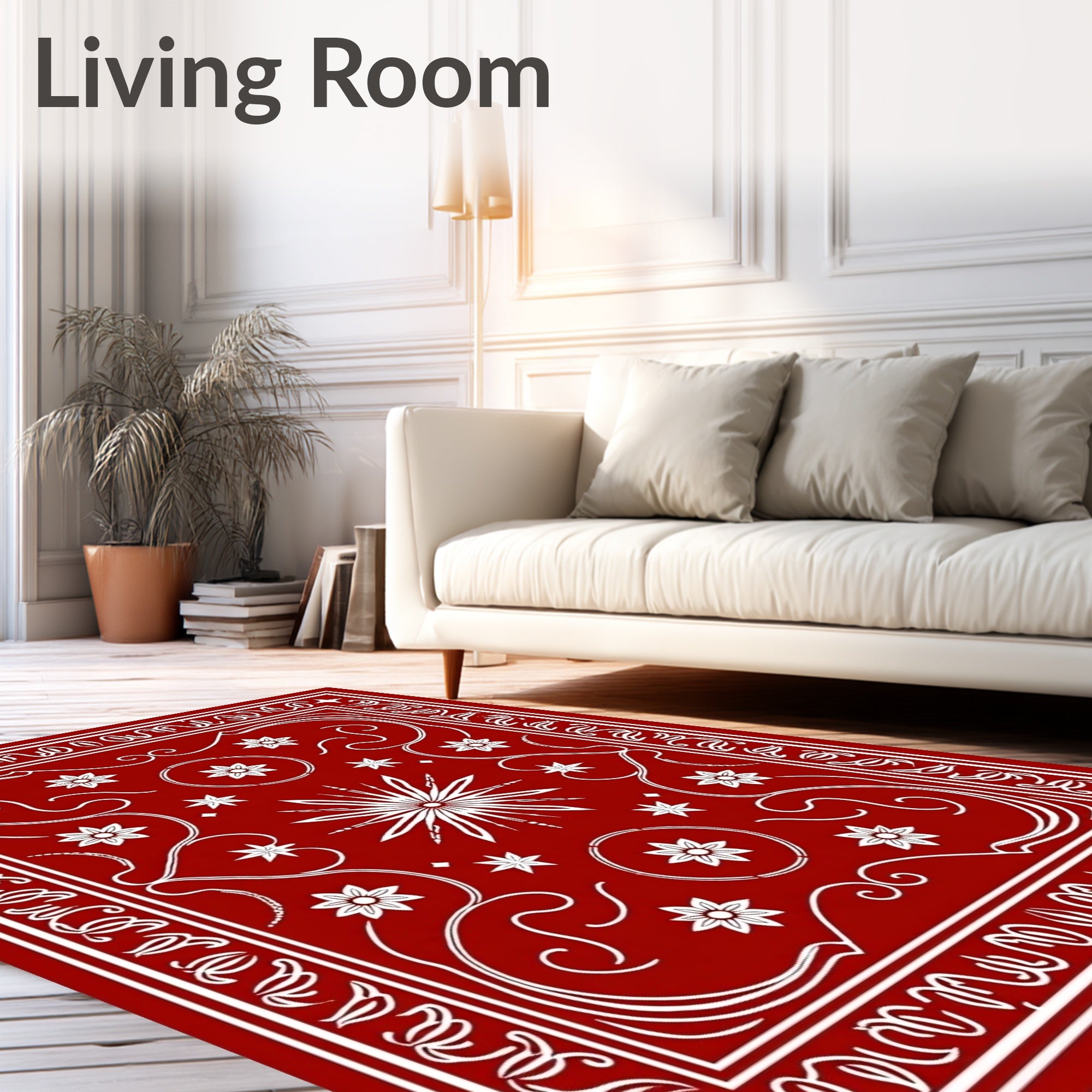 Crimson Floral Starburst Border Rug
