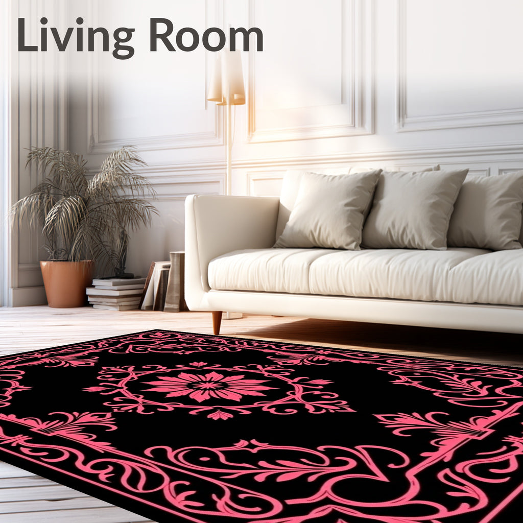 Pink Floral Scrollwork Black Rug