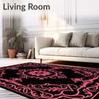 Pink Floral Scrollwork Black Rug