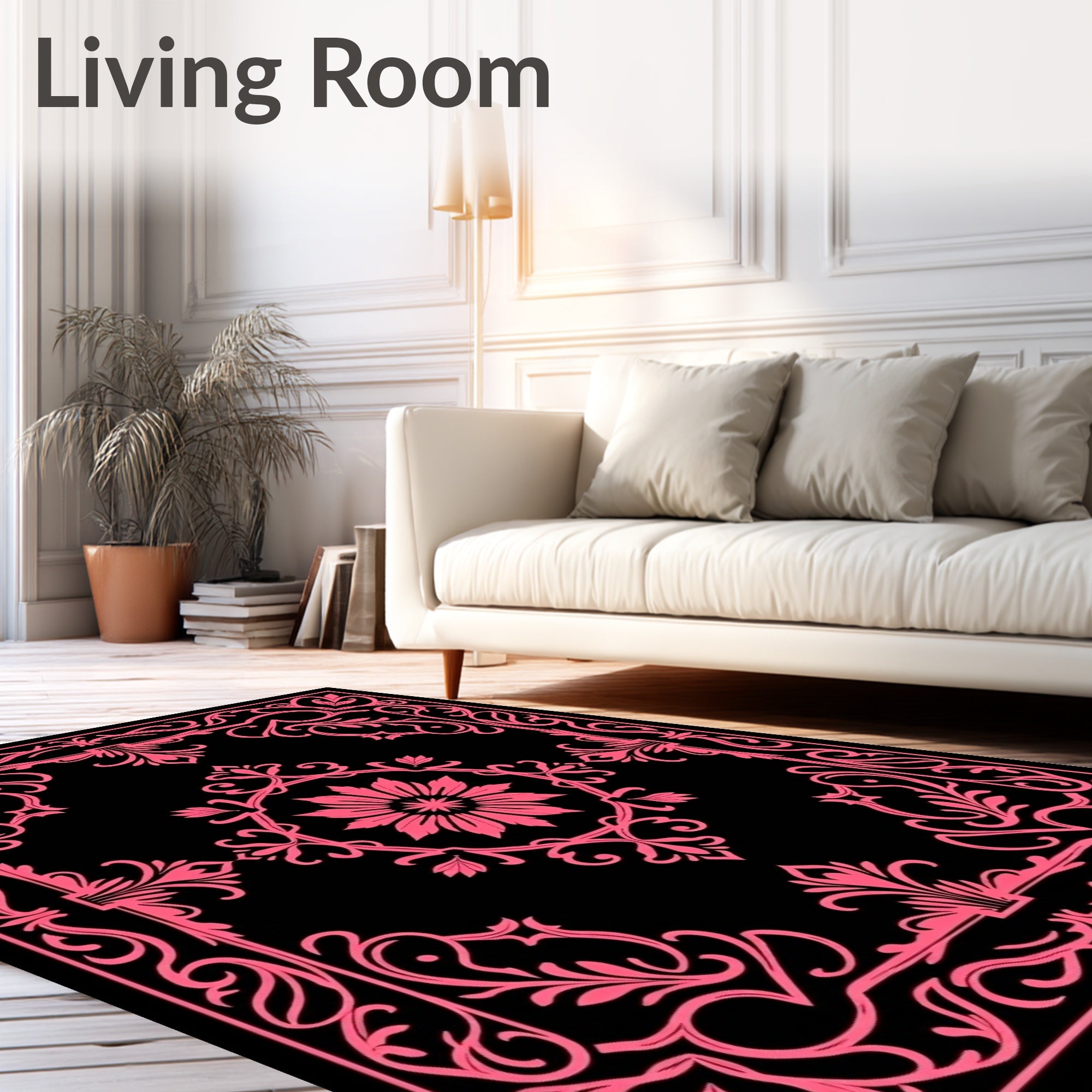 Pink Floral Scrollwork Black Rug