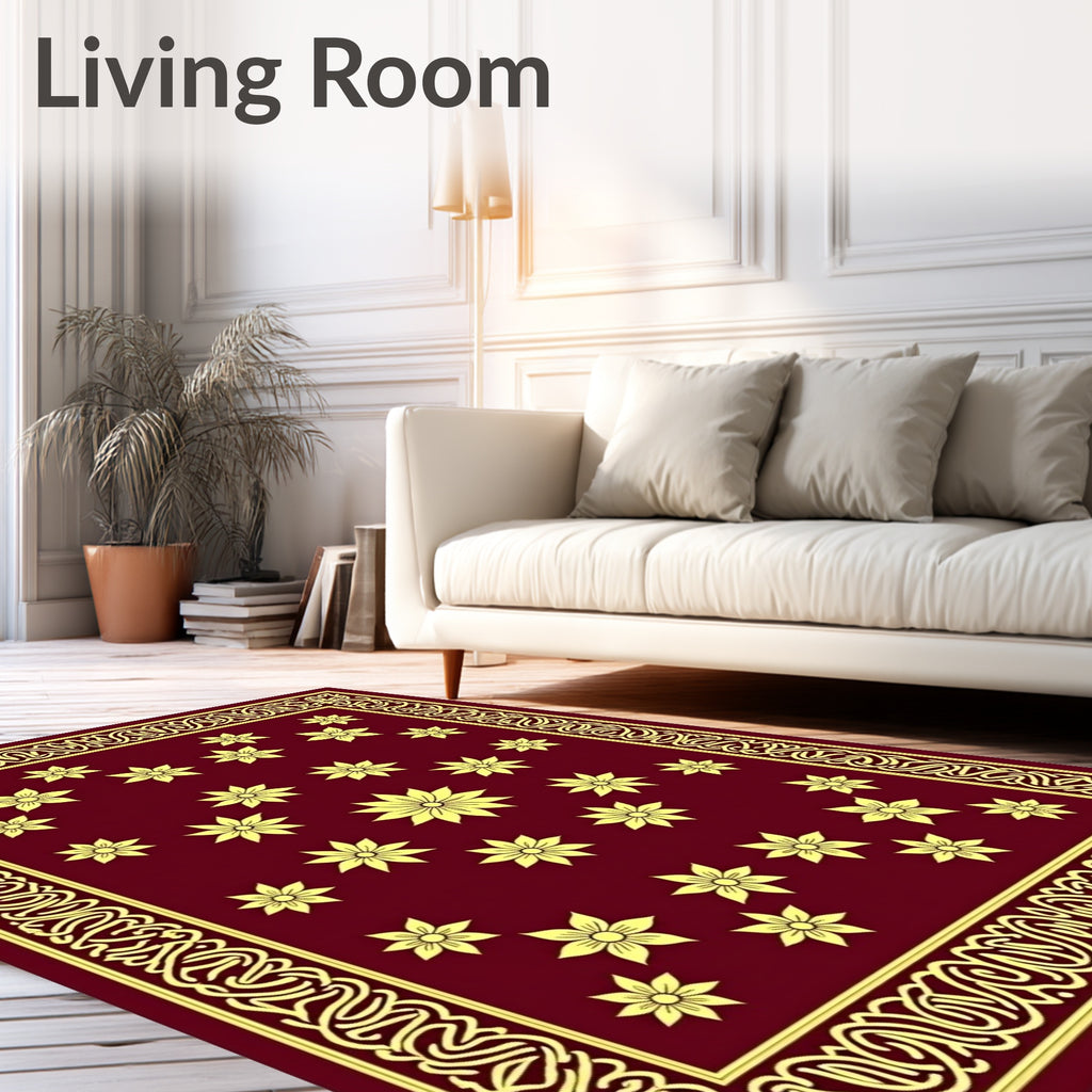 Maroon Golden Floral Medallion Borders Rug