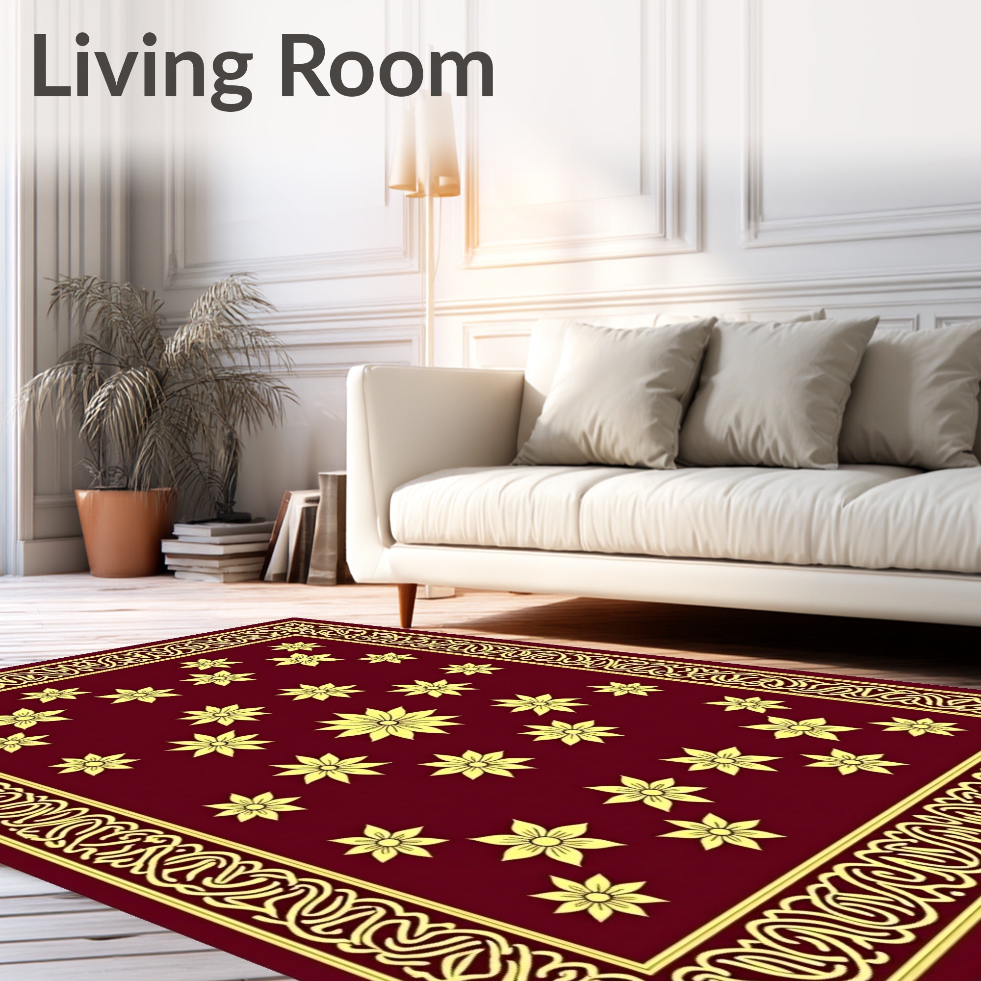 Maroon Golden Floral Medallion Borders Rug