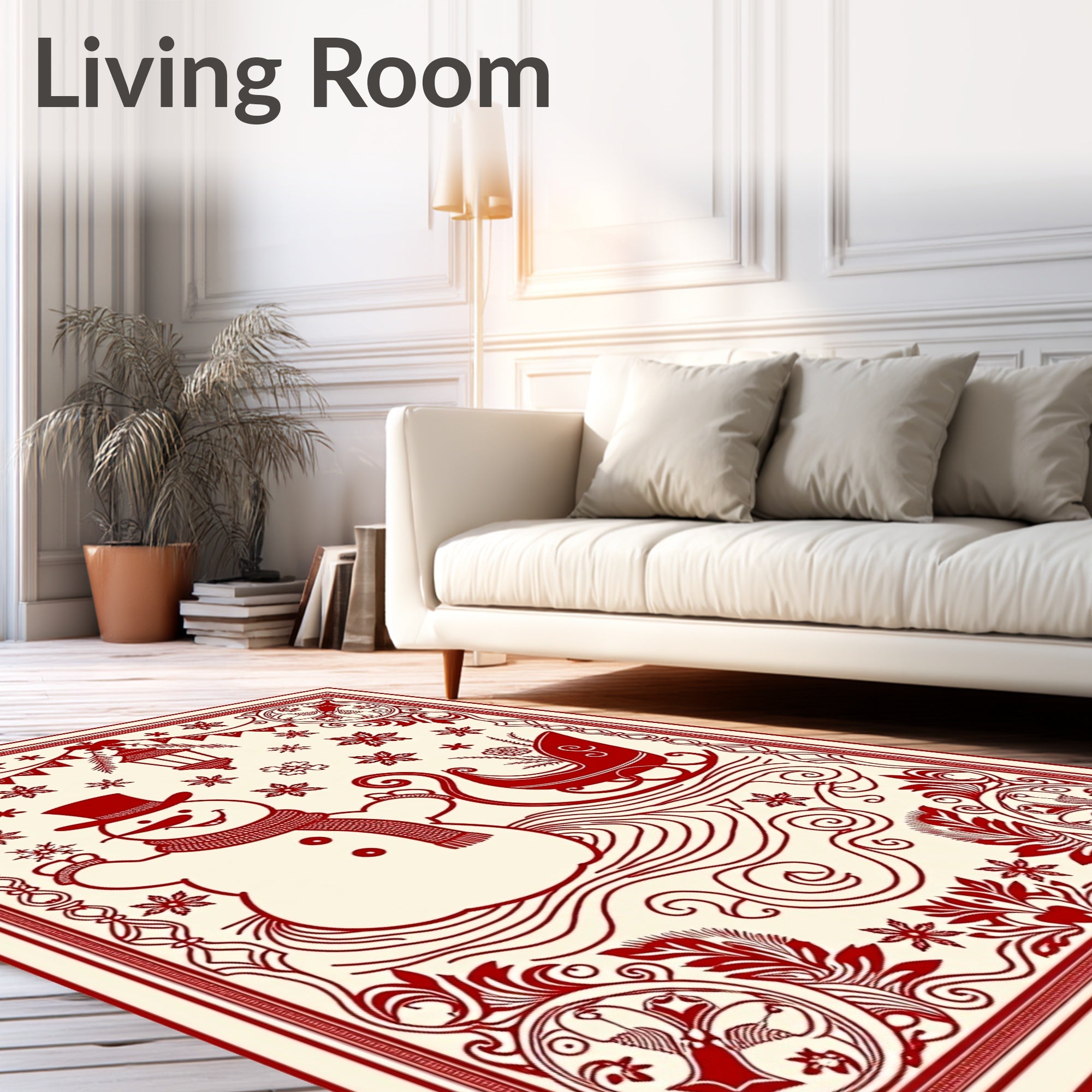 Crimson Snowman Sleigh Winter Scene Rug