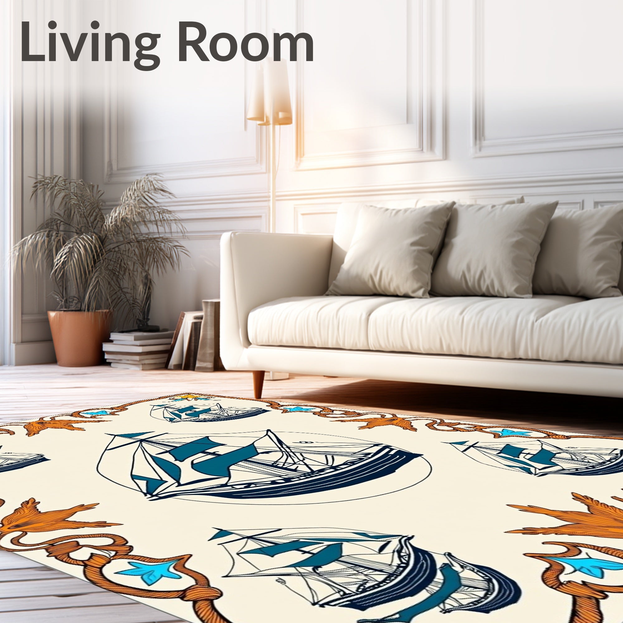 Nautical Sailing Ships Teal Orange Border Rug
