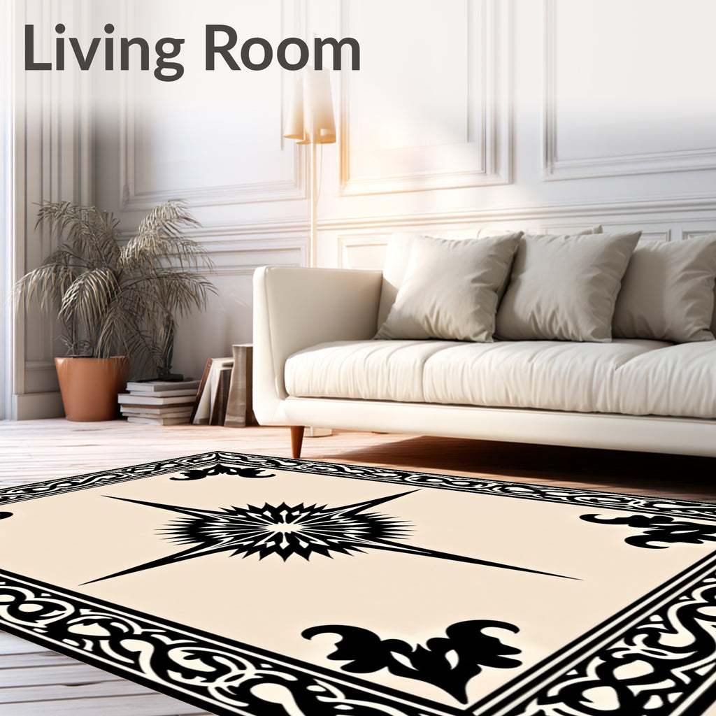 Black Starburst Medallion Beige Border Rug