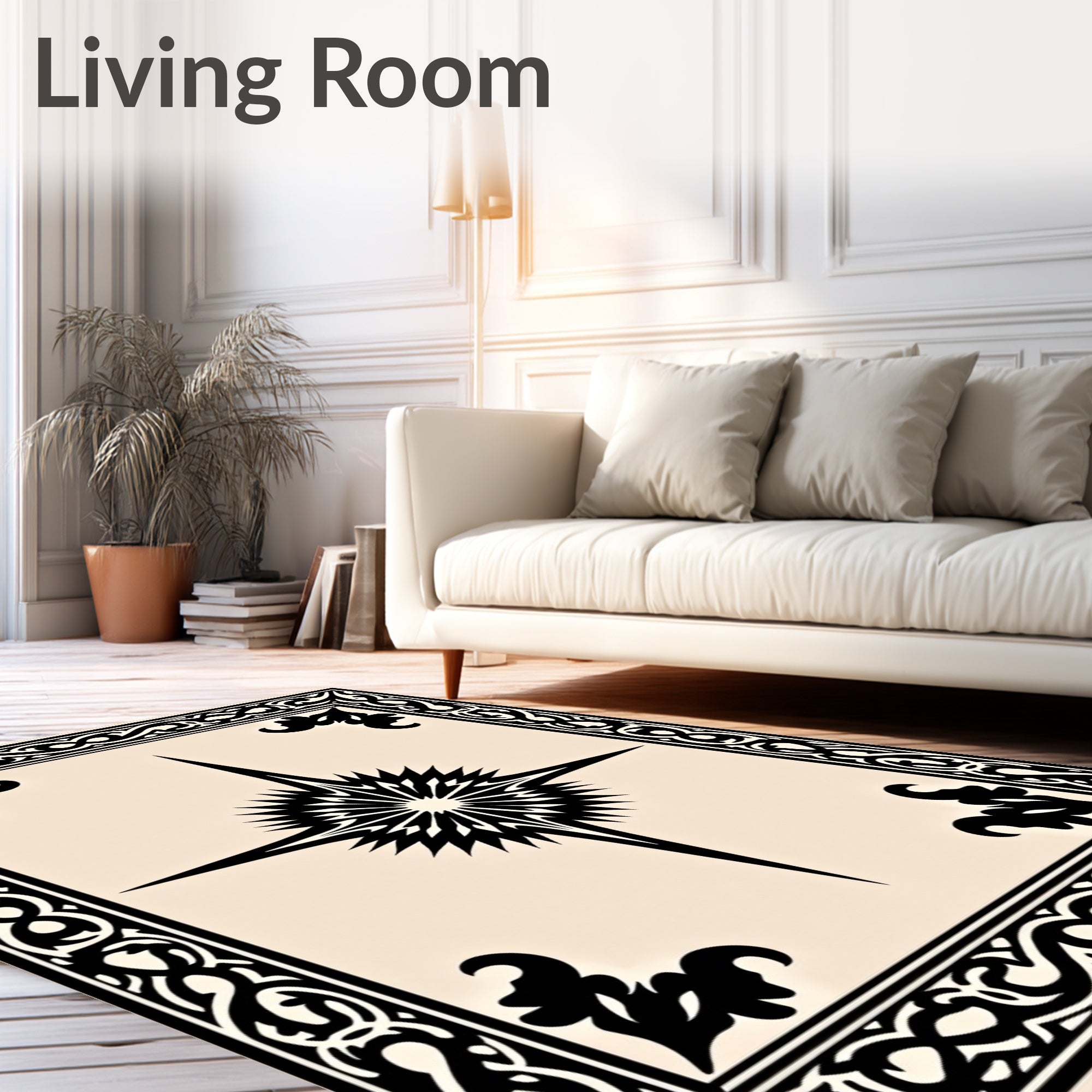 Black Starburst Medallion Beige Border Rug