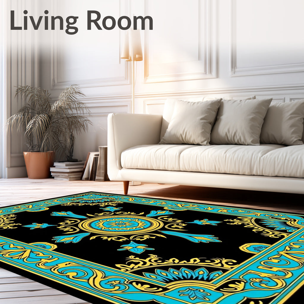 Black and Teal Floral Medallion Rug