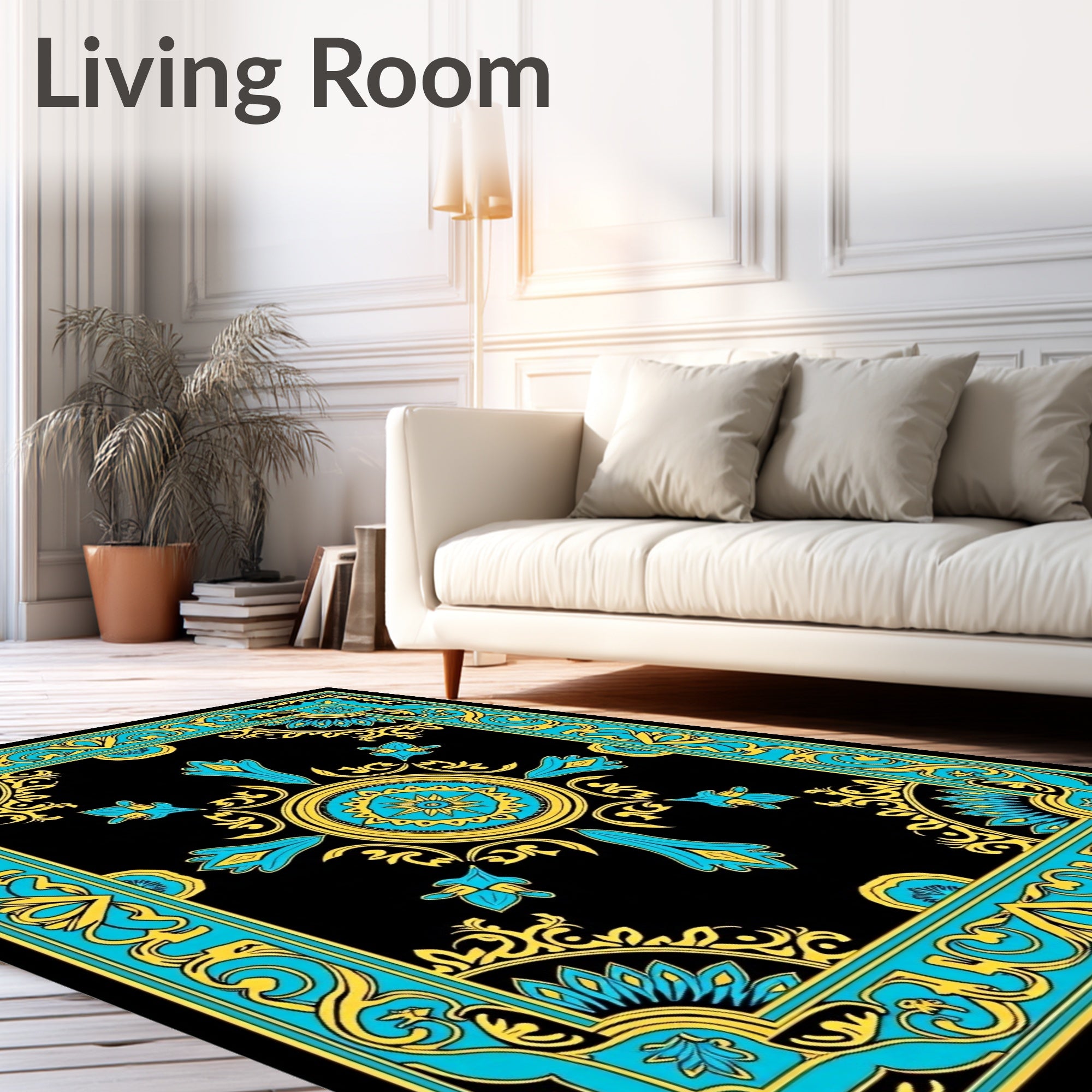Black and Teal Floral Medallion Rug