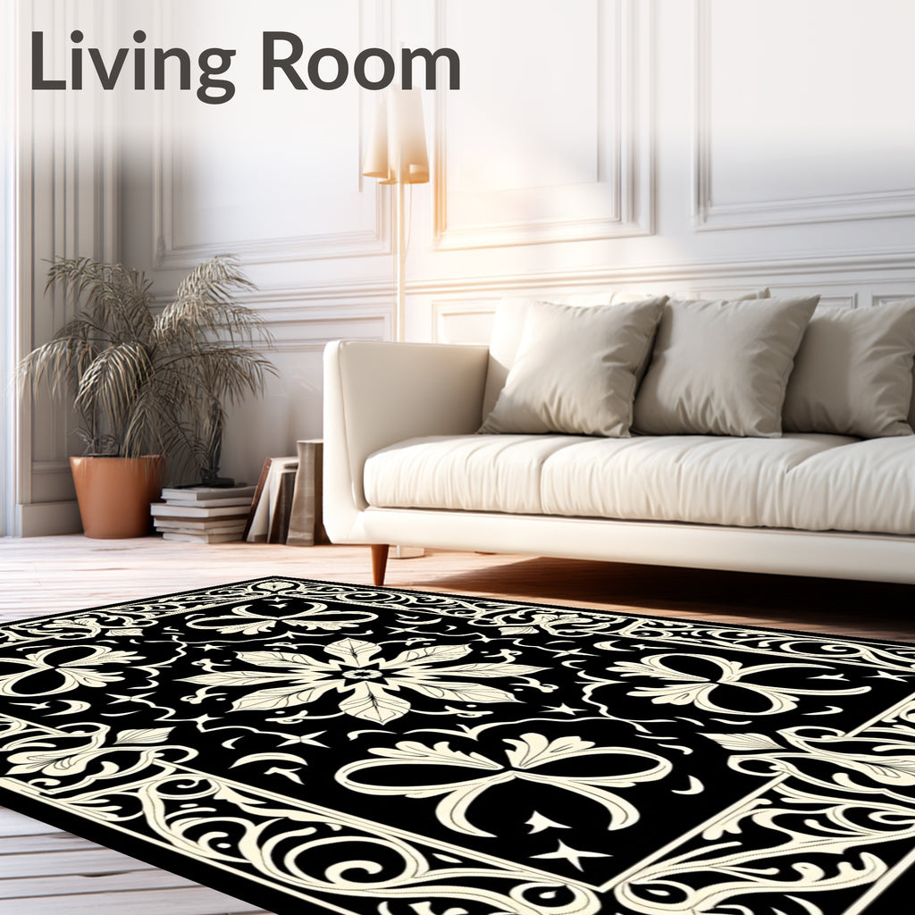 Black and Cream Floral Arabesque Border Rug