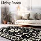 Black and Cream Floral Arabesque Border Rug