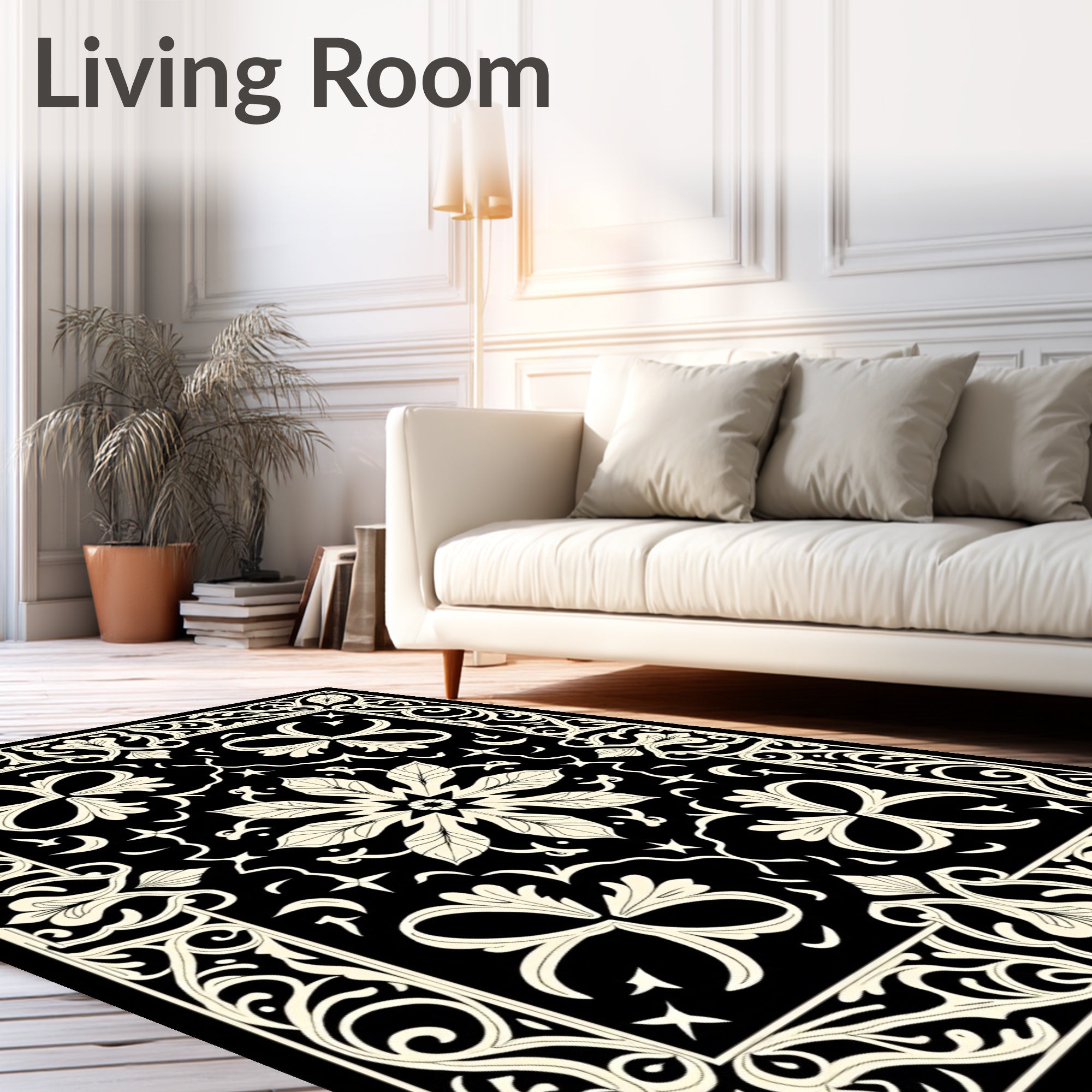 Black and Cream Floral Arabesque Border Rug