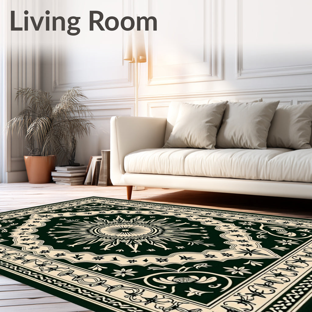 Dark Green Cream Sunburst Medallion Rug