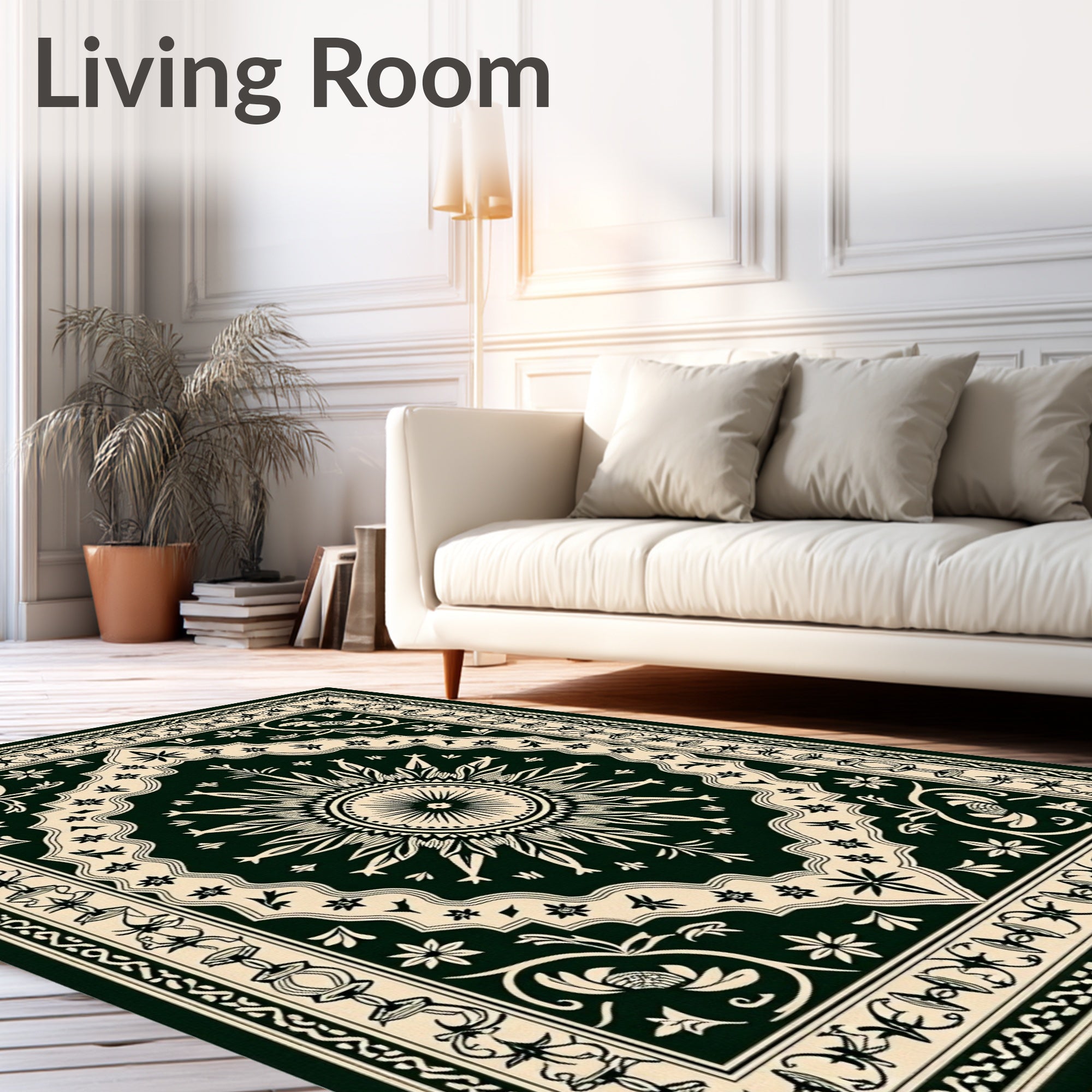 Dark Green Cream Sunburst Medallion Rug