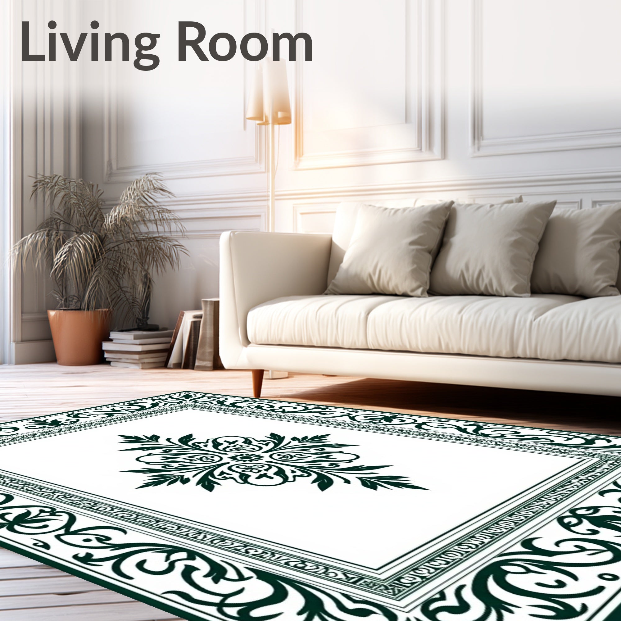 Dark Green Floral Central Medallion Border Rug