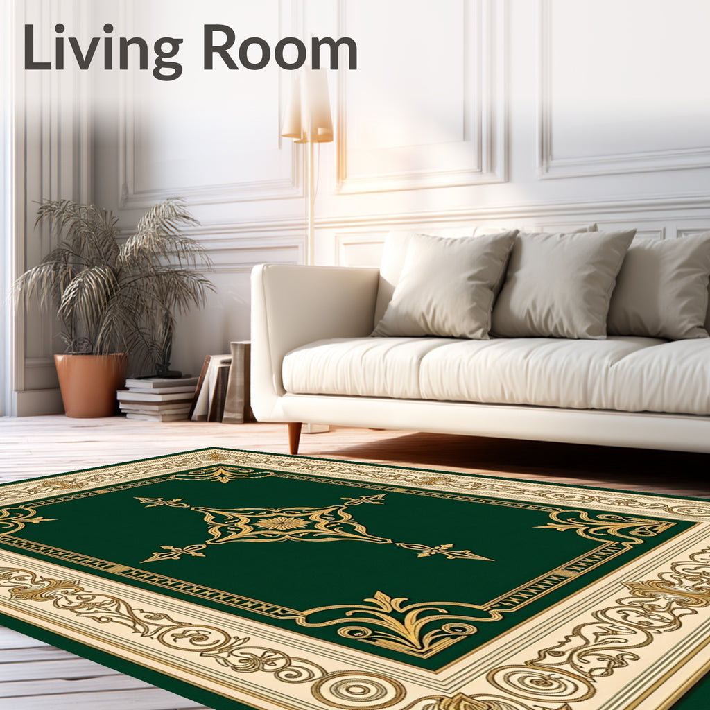 Emerald Green Golden Filigree Border Rug
