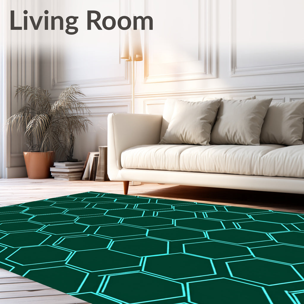 Teal Hexagonal Grid Dark Green Rug