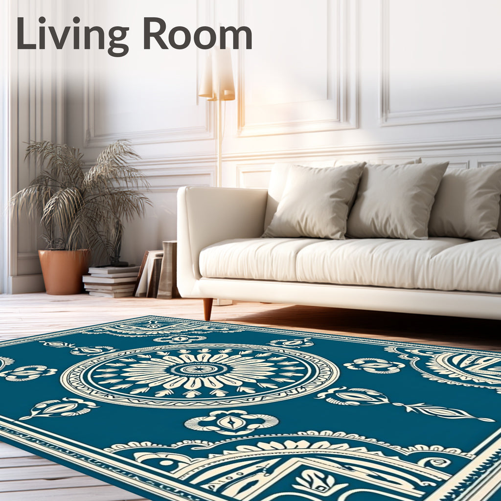 Deep Teal and Cream Medallion Border Rug