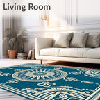 Deep Teal and Cream Medallion Border Rug