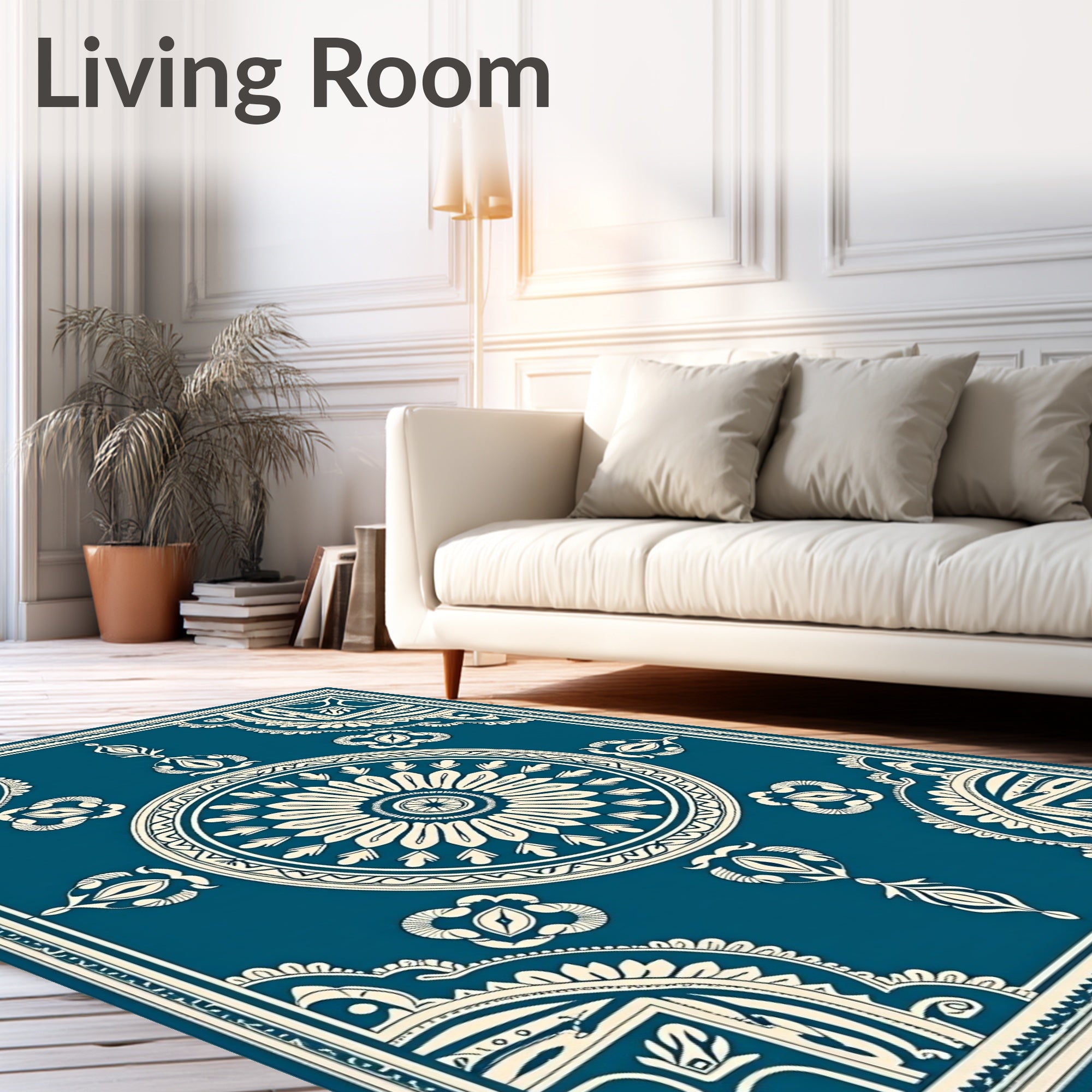 Deep Teal and Cream Medallion Border Rug