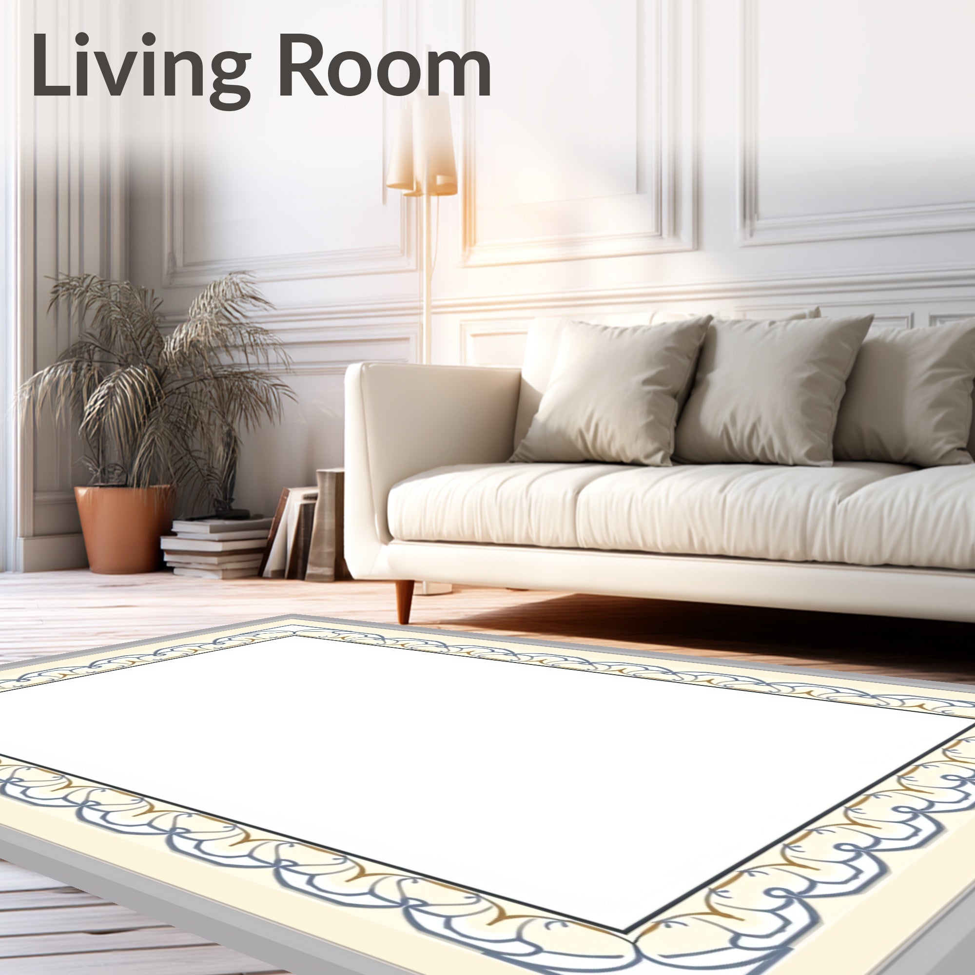 Cream Blue Gold Ornate Border Rug