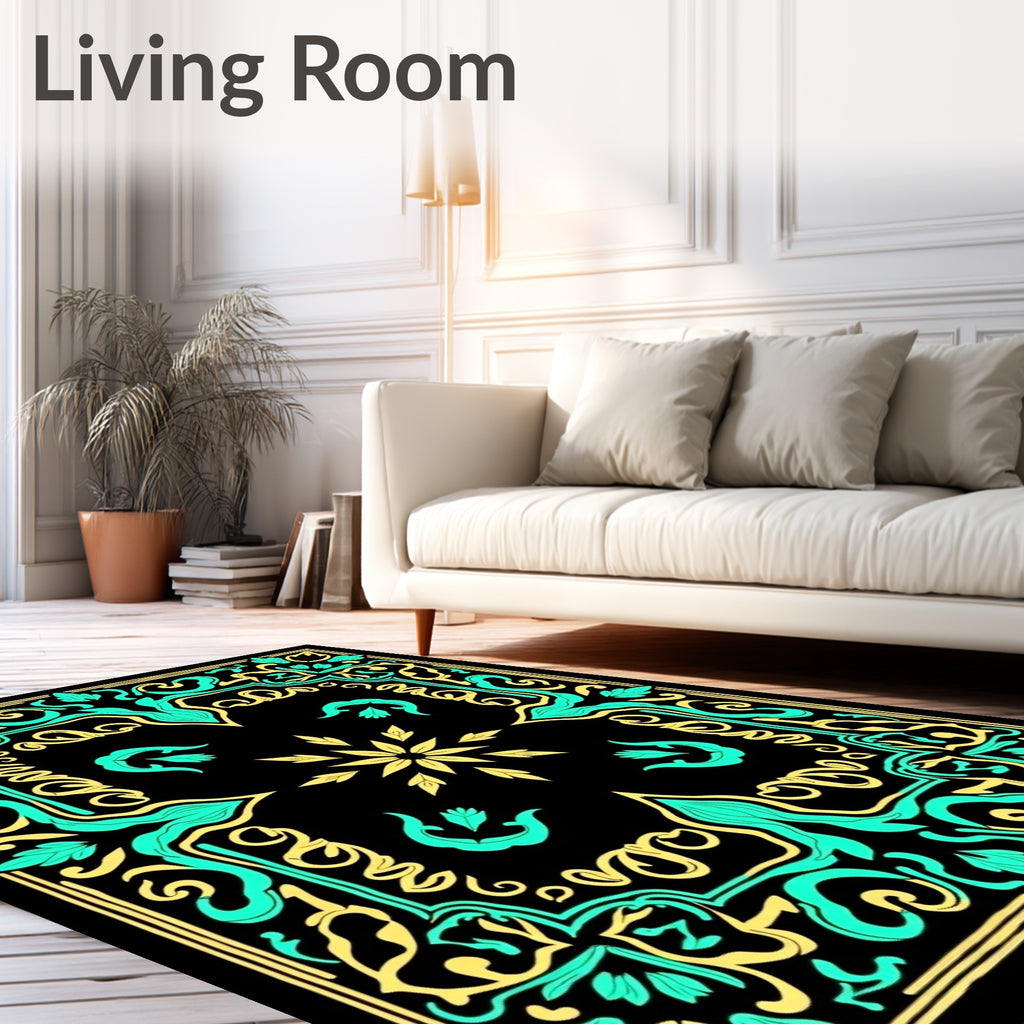 Black Teal Yellow Floral Scroll Rug