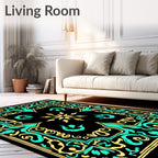 Black Teal Yellow Floral Scroll Rug