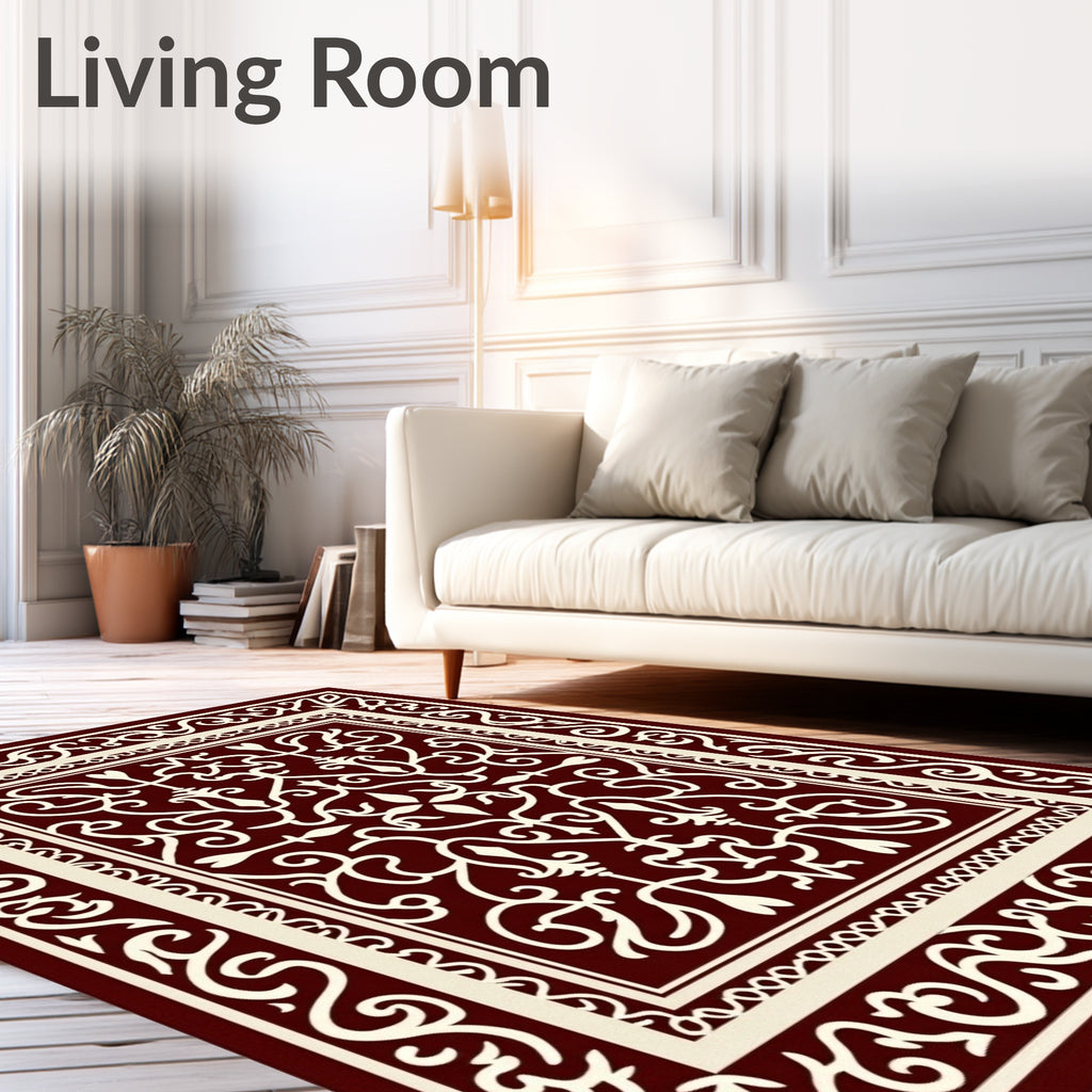 Deep Red Cream Scrollwork Medallion Rug