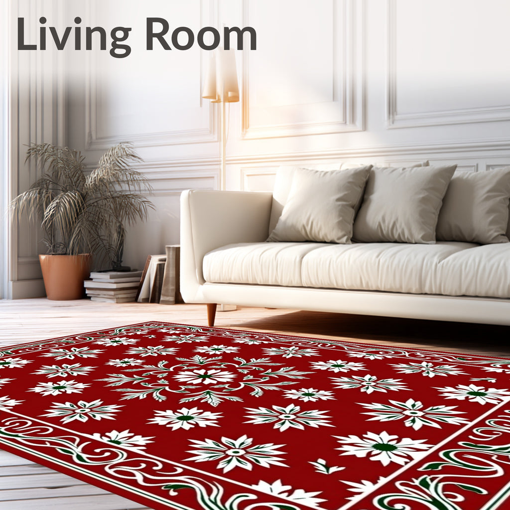 Deep Red Floral Swirl Border Rug