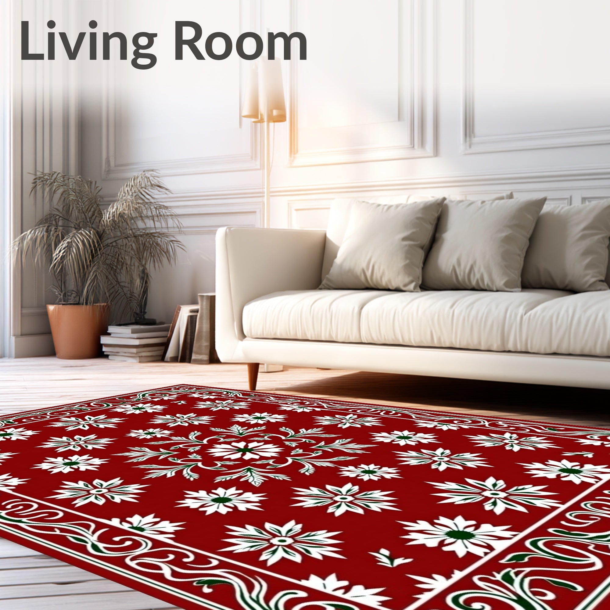 Deep Red Floral Swirl Border Rug