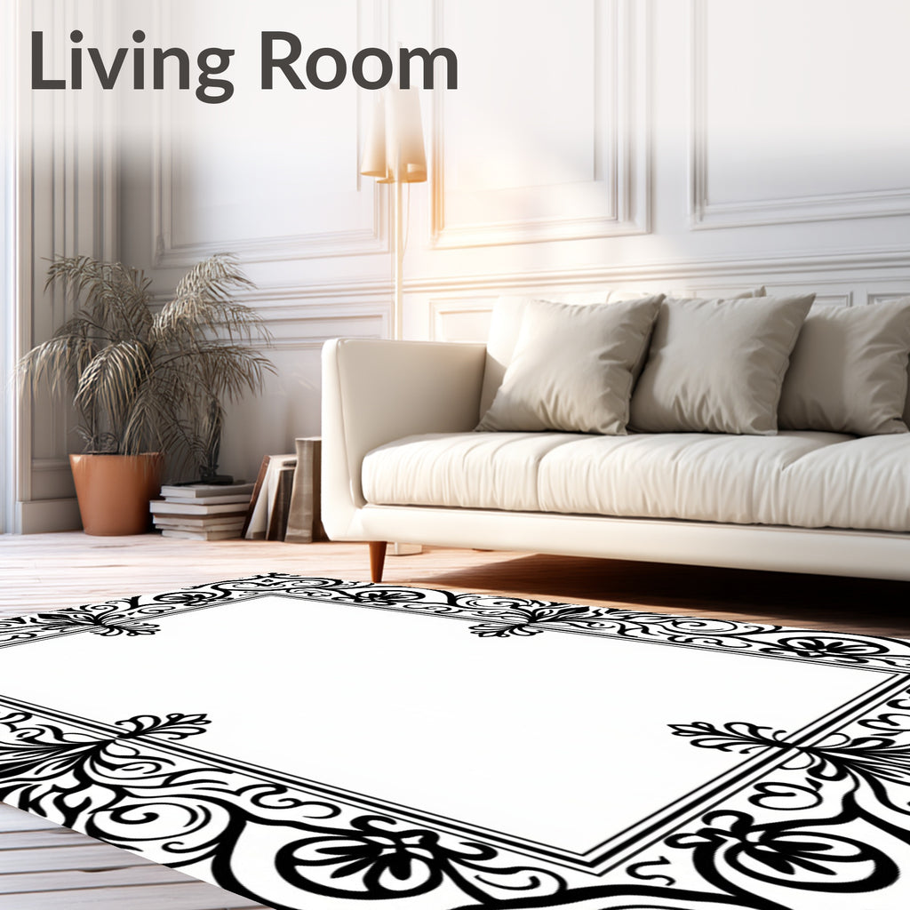 Black Rococo Scrollwork Floral Border Rug