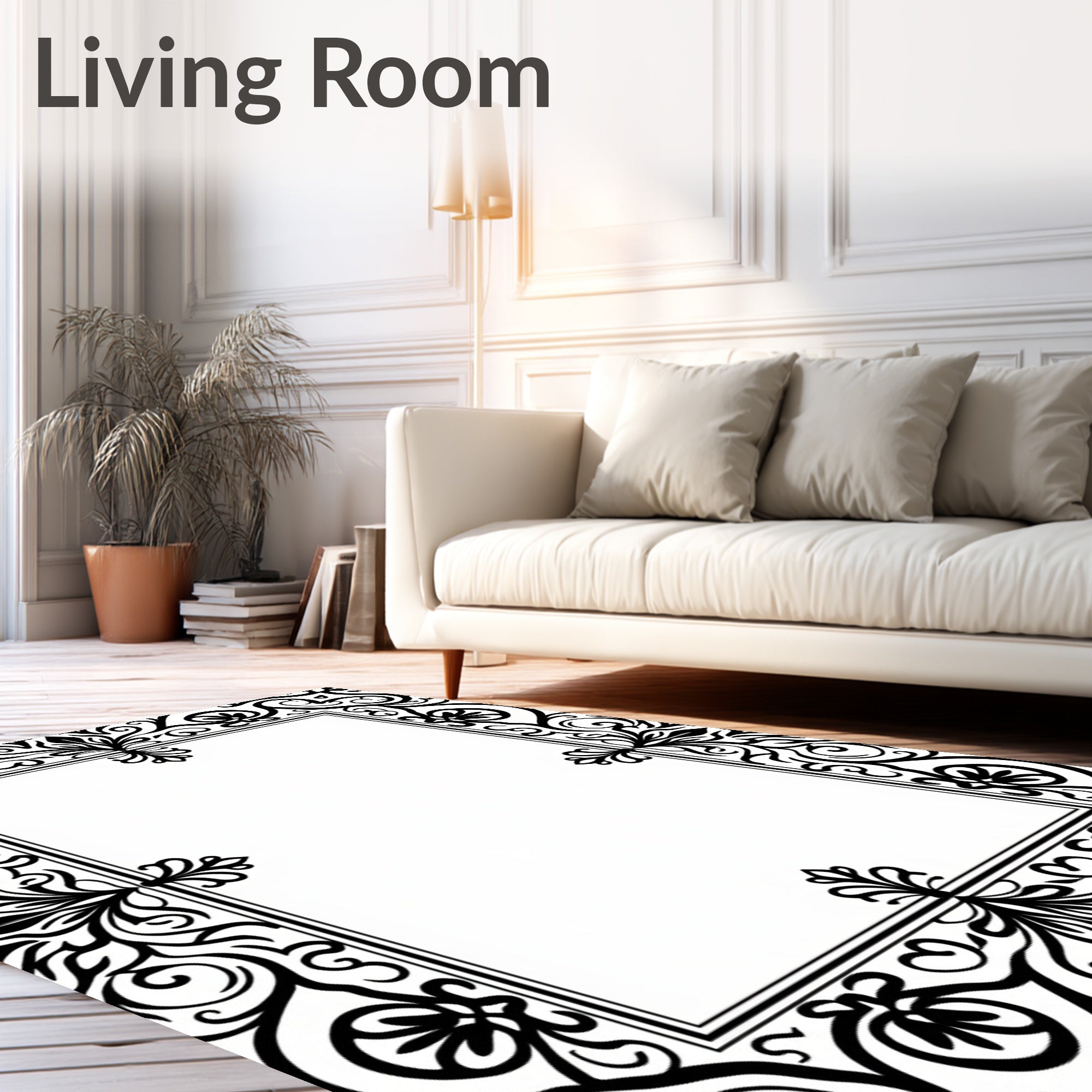Black Rococo Scrollwork Floral Border Rug