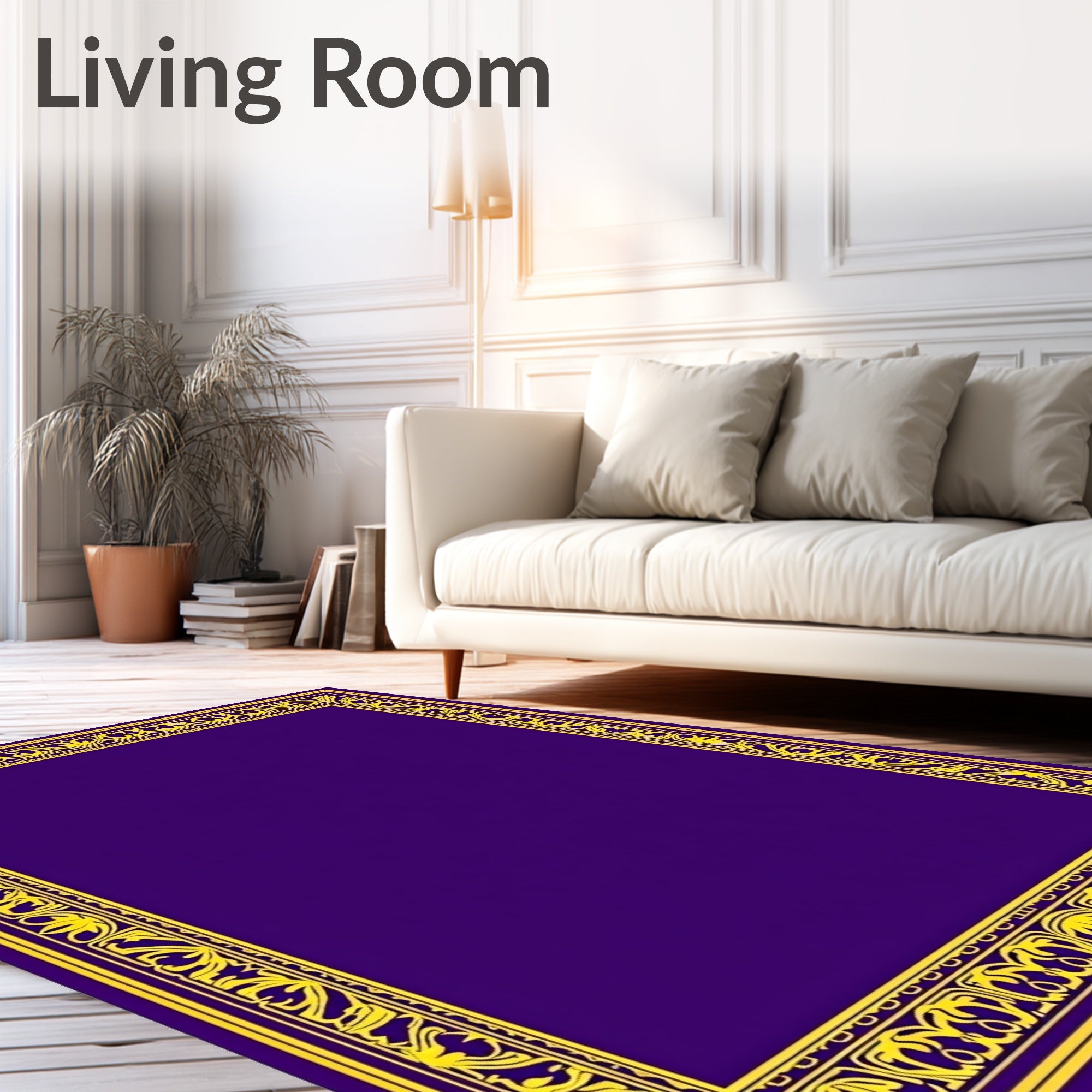 Ornate Yellow Floral Border Purple Rug