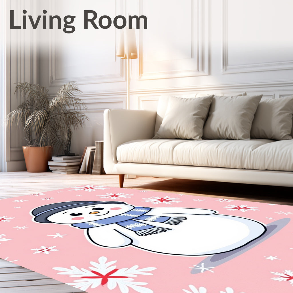 Pink Snowman with Blue Scarf Snowflakes Rug