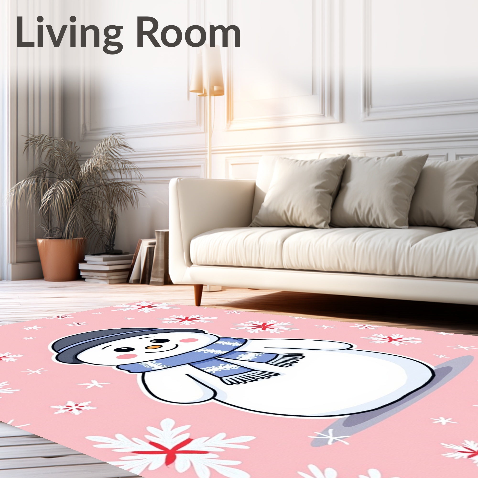 Pink Snowman with Blue Scarf Snowflakes Rug