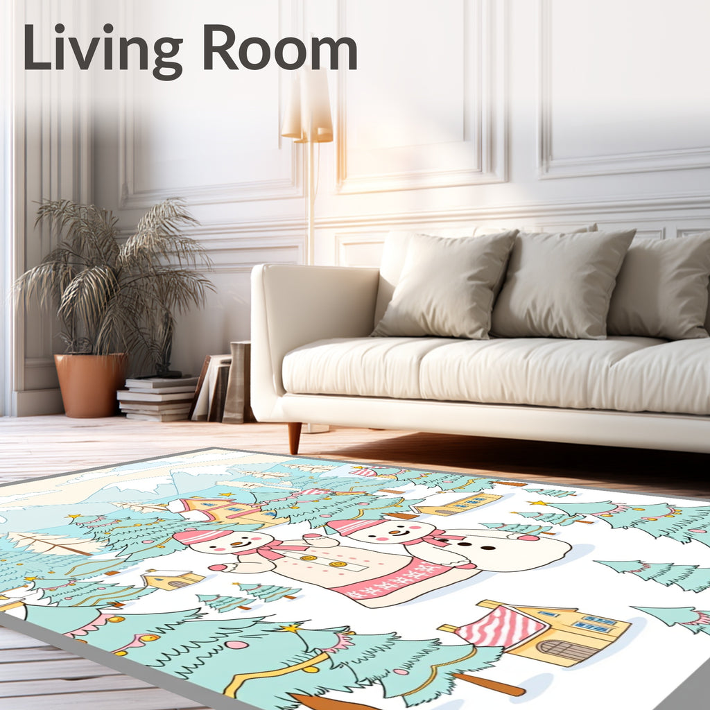 Wintery Snowman Village Scene Rug