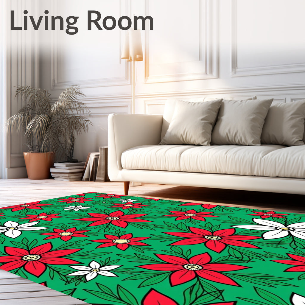 Red White Floral Accents Green Background Rug