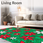 Red White Floral Accents Green Background Rug