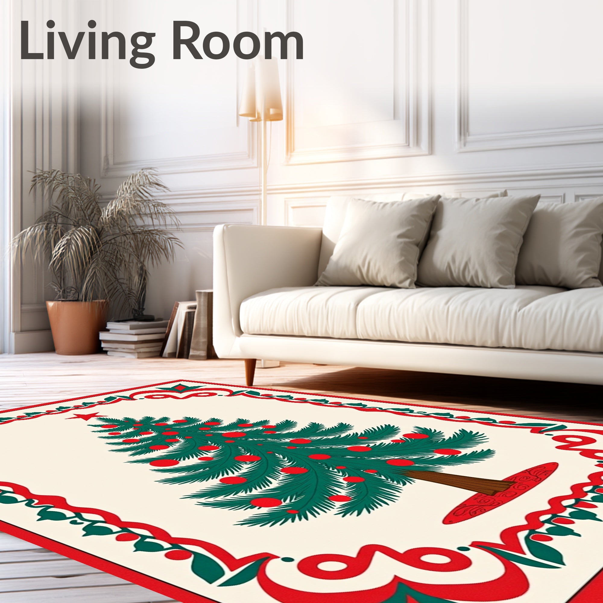 Festive Green Christmas Tree Red Border Rug
