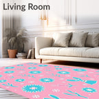 Pink Turquoise Whimsical Bunnies Floral Meadow Rug