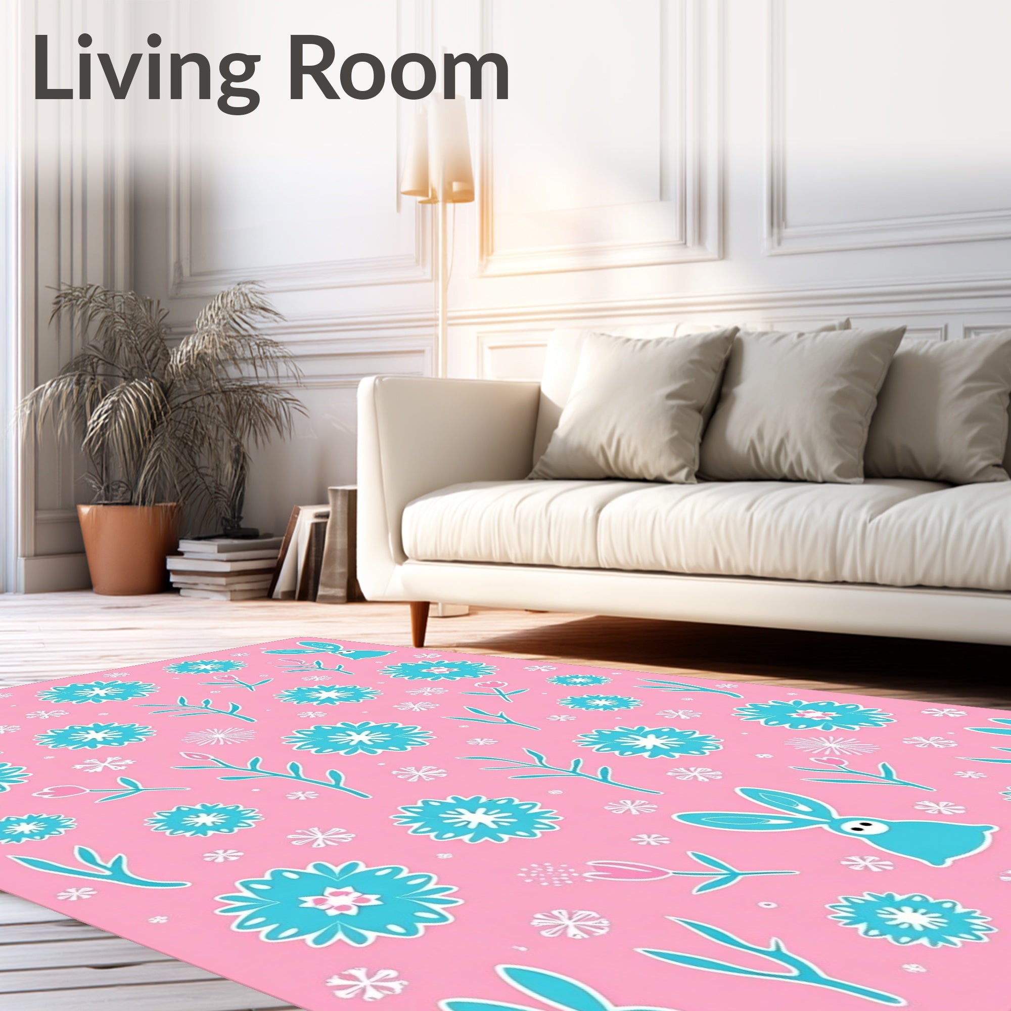 Pink Turquoise Whimsical Bunnies Floral Meadow Rug