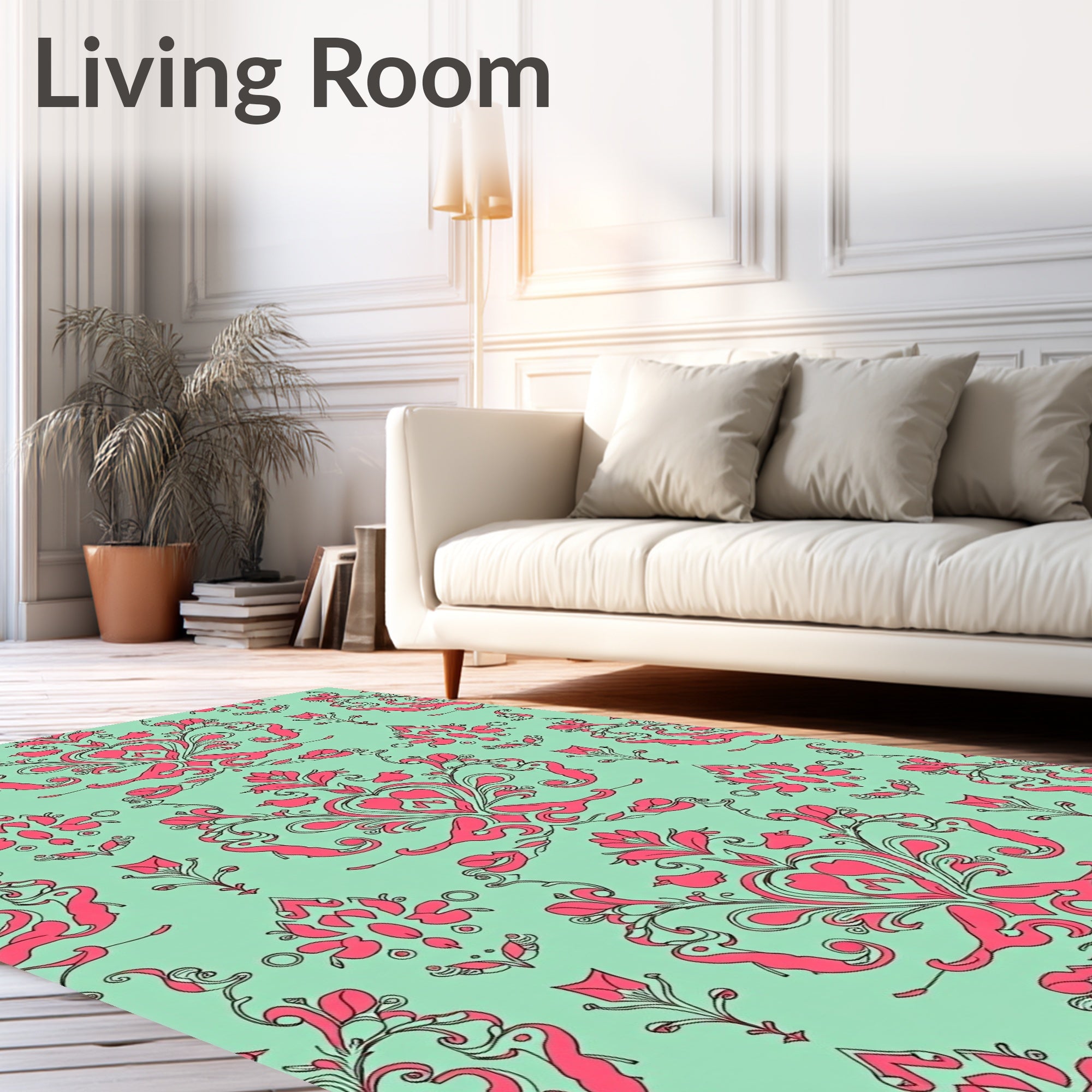 Ornate Pink Damask Mint Background Rug
